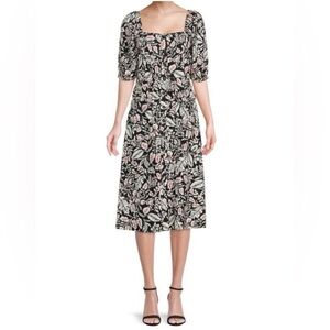 BCBG MAXAZRIA Puff Sleeve Linen Midi Dress‎ White Black Botanical Womens Size 12